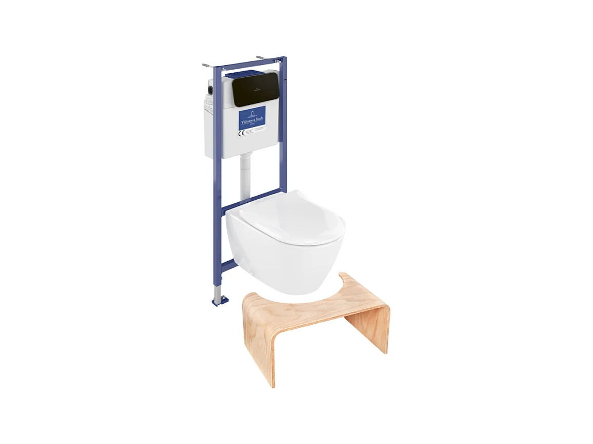 Pack WC sans bride VILLEROY ET BOCH Subway 2.0 abattant frein de chute + bâti-support sol et mur+ plaque noir mat +Tabouret bois