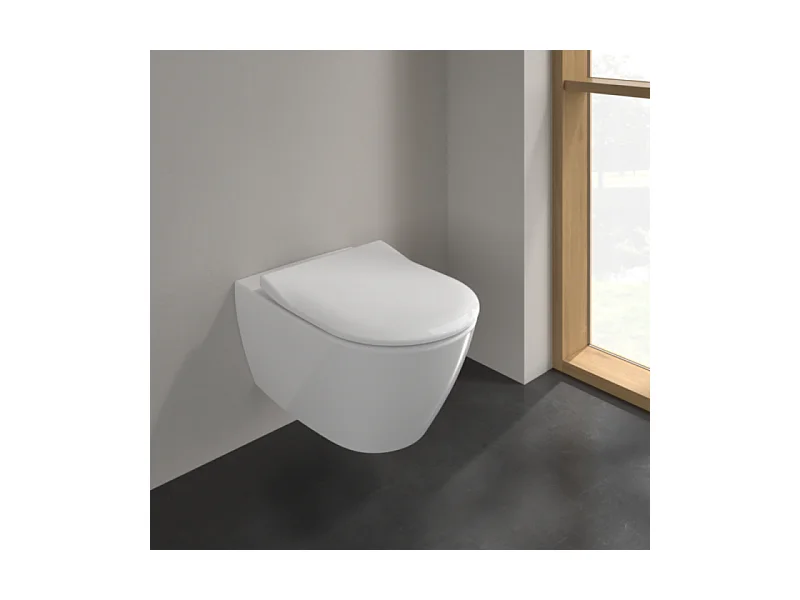 Pack WC sans bride VILLEROY ET BOCH Subway 2.0 abattant frein de chute + bâti-support sol et mur+ plaque noir mat +Tabouret bois