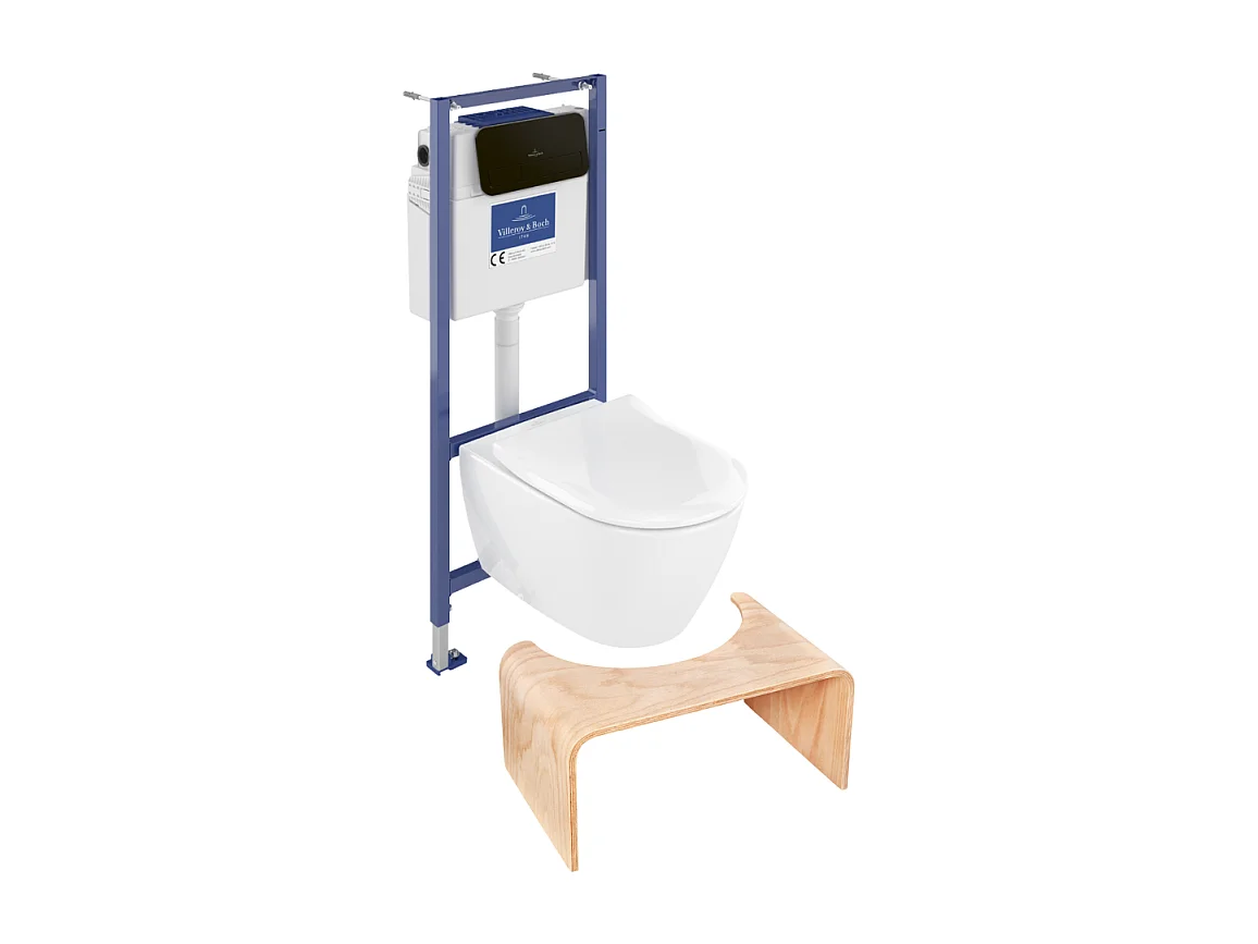 Pack WC sans bride VILLEROY ET BOCH Subway 2.0 abattant frein de chute + bâti-support sol et mur+ plaque noir mat +Tabouret bois