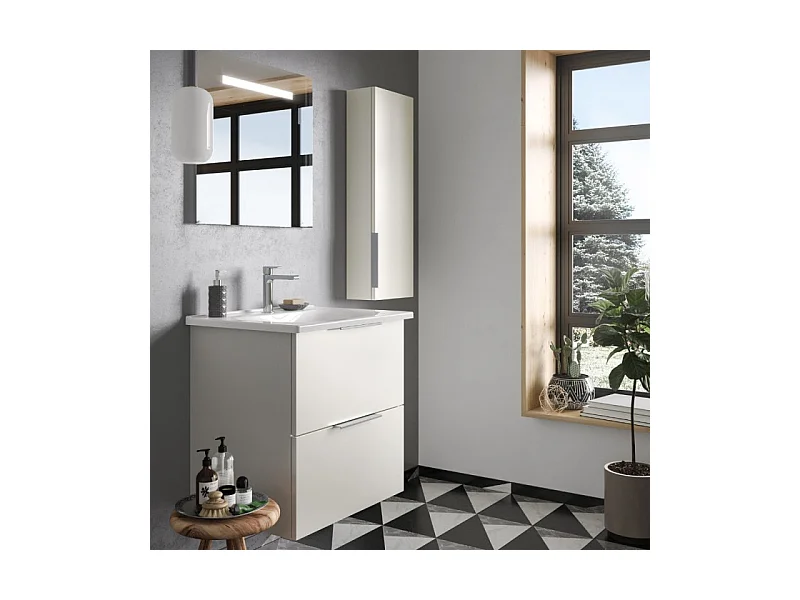 Meuble vasque 60 cm BURGBAD Olena blanc brillant + colonne de salle de bain