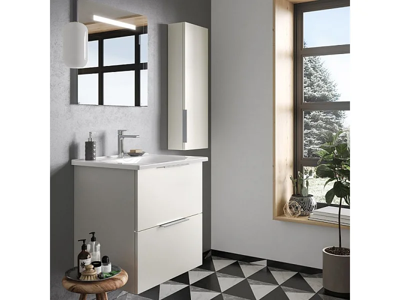 Meuble vasque 60 cm BURGBAD Olena blanc brillant + colonne de salle de bain