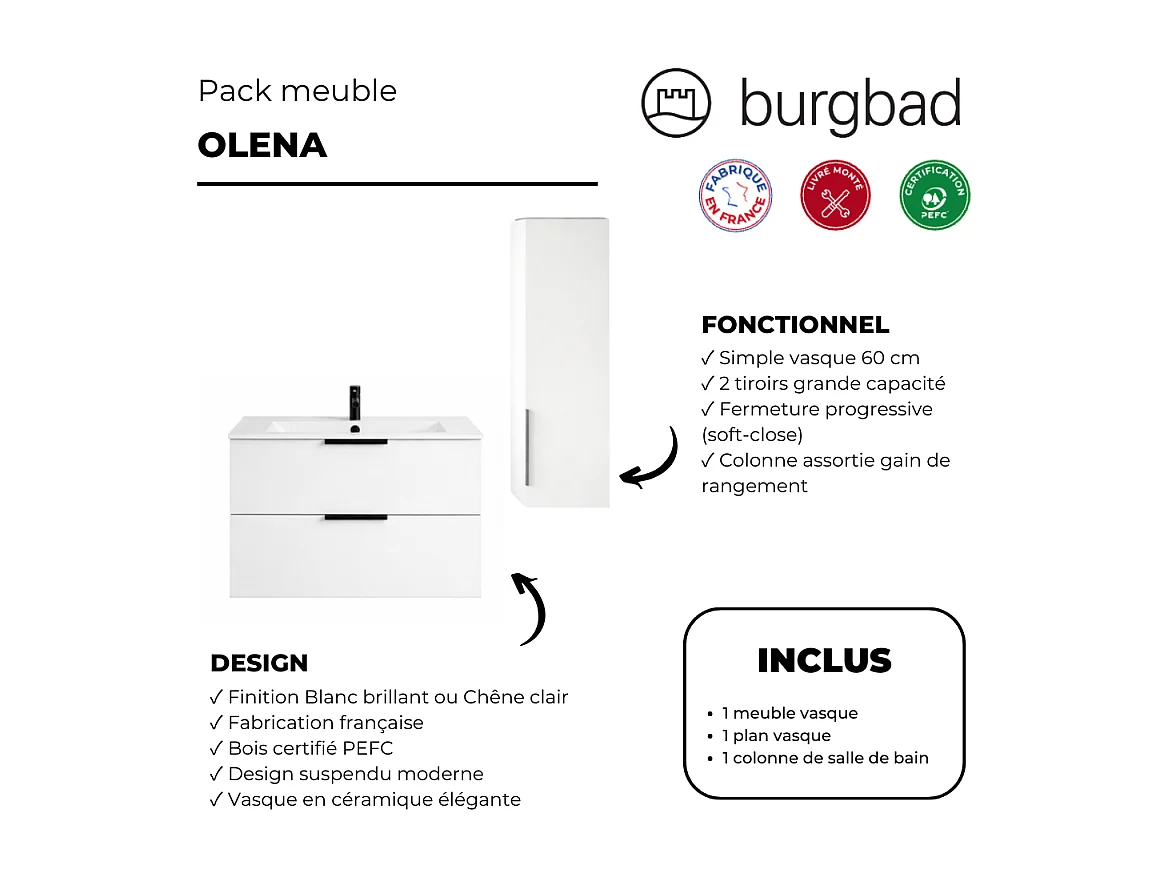 Meuble vasque 60 cm BURGBAD Olena blanc brillant + colonne
