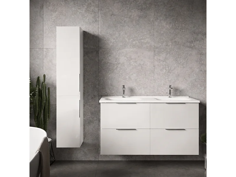 Meuble salle de bain double vasque BURGBAD Olena 120 cm blanc brillant + colonne