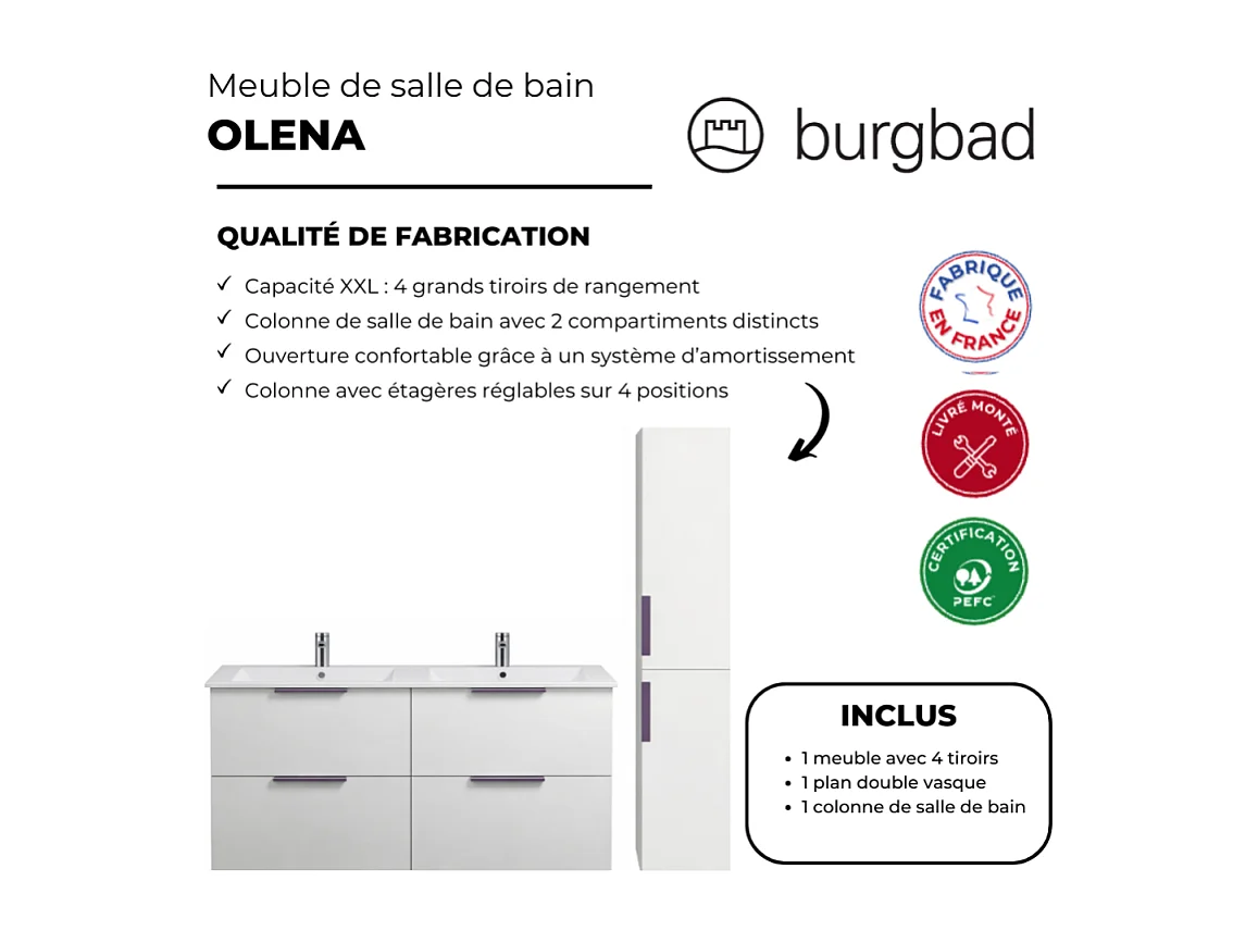 Meuble salle de bain double vasque BURGBAD Olena 120 cm blanc brillant + colonne