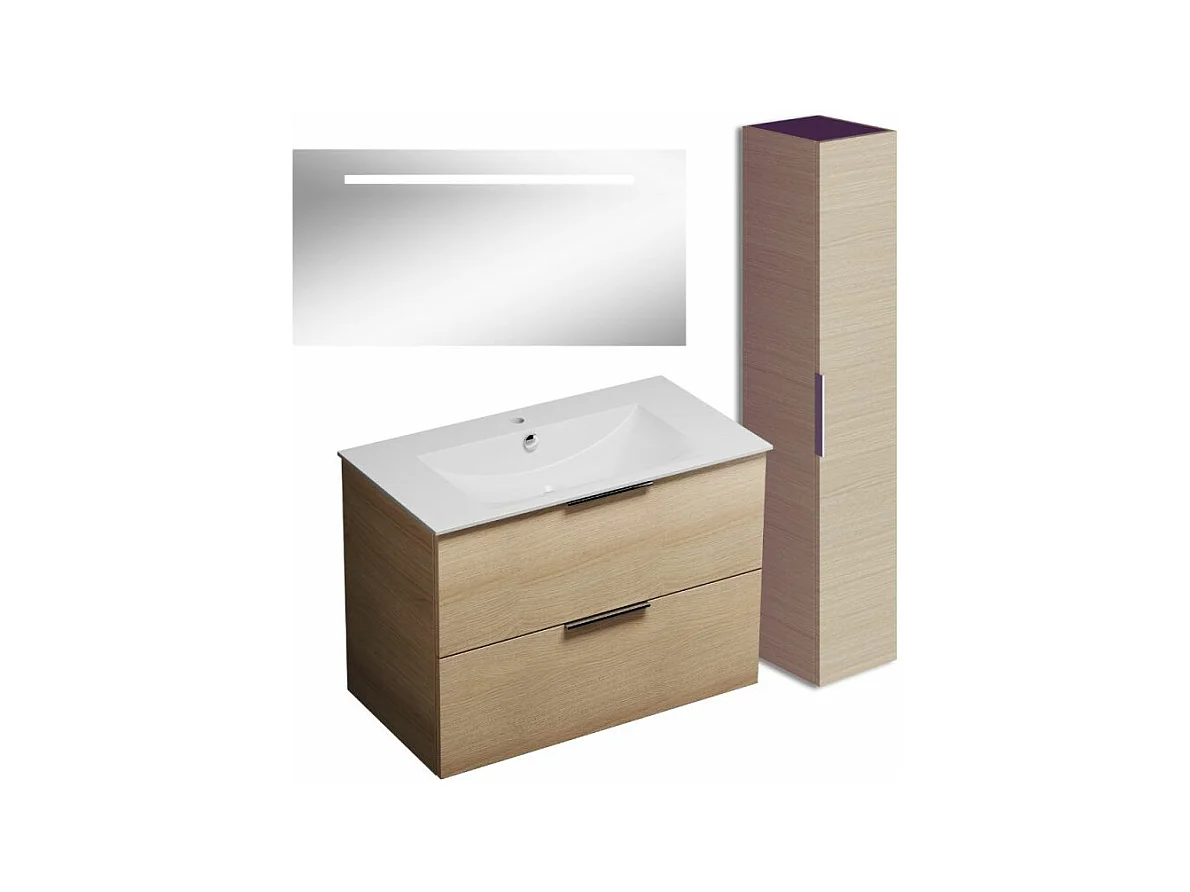Meuble vasque 90 cm BURGBAD Olena chêne clair + miroir + colonne de salle de bain
