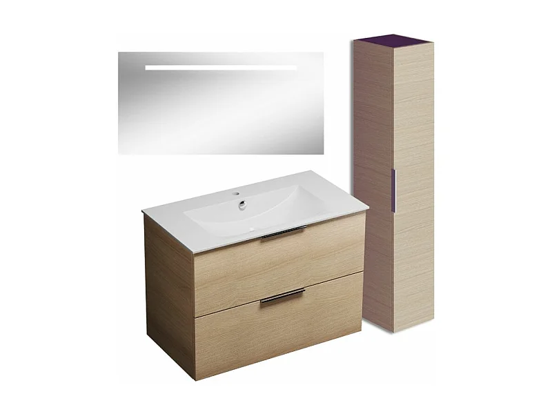 Meuble vasque 90 cm BURGBAD Olena chêne clair + miroir + colonne de salle de bain