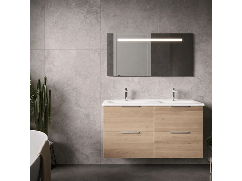 Meuble double vasque 120 cm BURGBAD Olena chêne clair + miroir