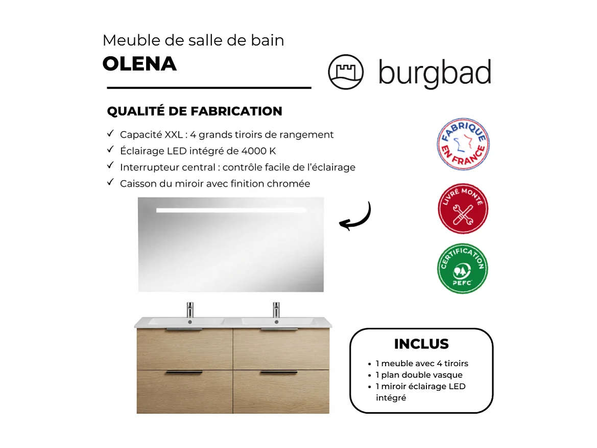 Meuble double vasque 120 cm BURGBAD Olena chêne clair + miroir