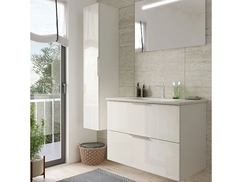 Meuble vasque 90 cm BURGBAD Olena blanc brillant + colonne de salle de bain