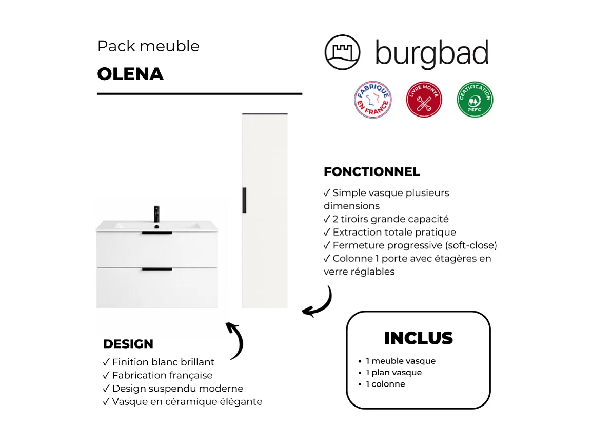 Meuble vasque 90 cm BURGBAD Olena blanc brillant + colonne