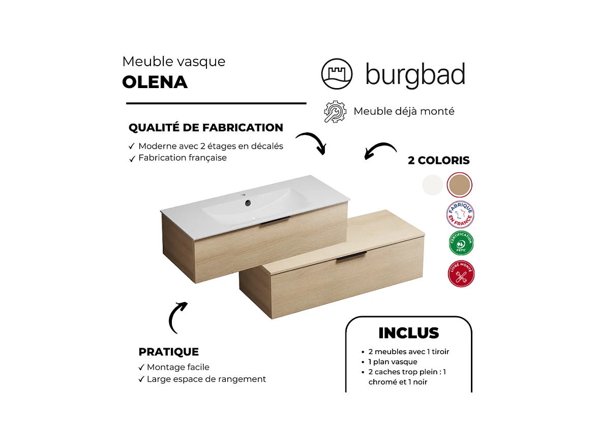 Meuble vasque 90 cm BURGBAD Olena en décalé chêne