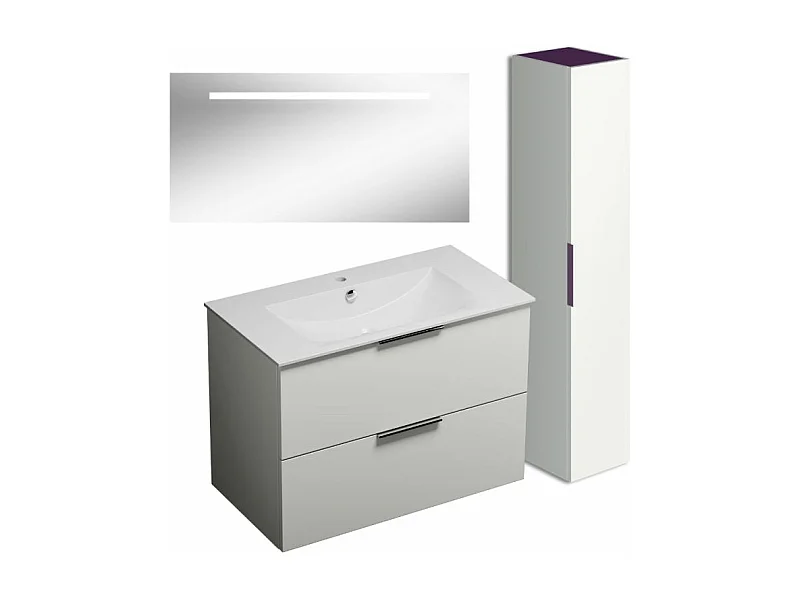 Meuble vasque 90 cm BURGBAD Olena blanc brillant + miroir + colonne de salle de bain