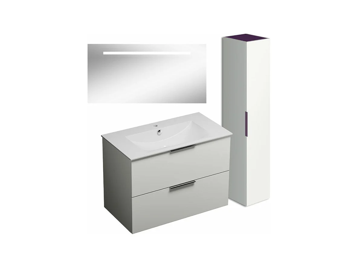 Meuble vasque 90 cm BURGBAD Olena blanc brillant + miroir + colonne de salle de bain
