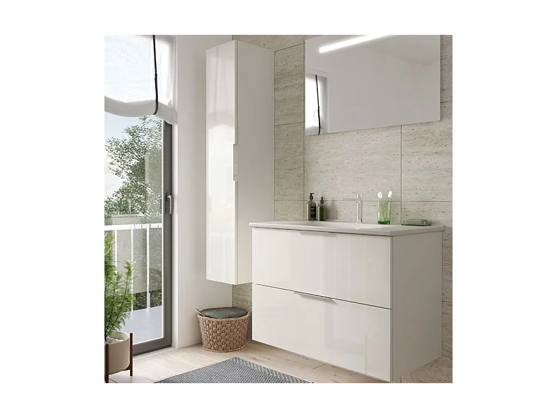 Meuble vasque 90 cm BURGBAD Olena blanc brillant + miroir + colonne de salle de bain