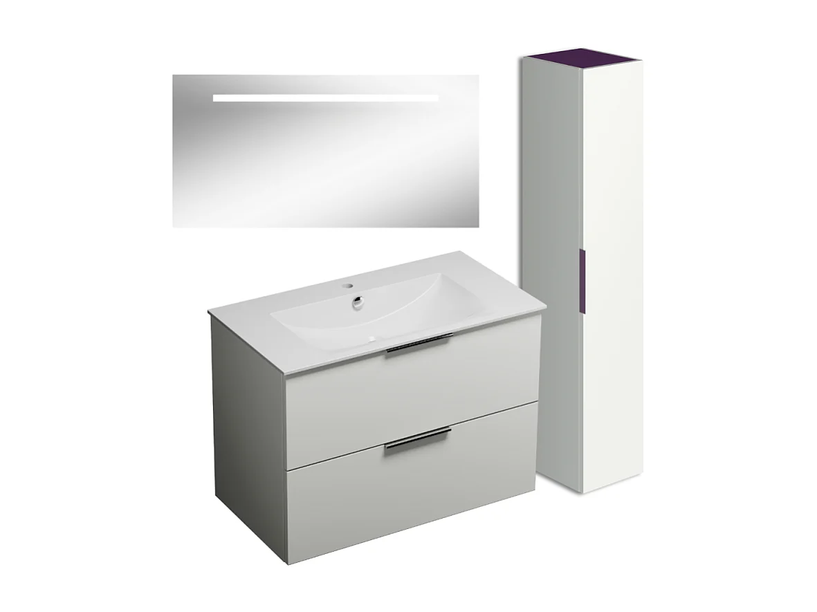 Meuble vasque 90 cm BURGBAD Olena blanc brillant + miroir + colonne de salle de bain