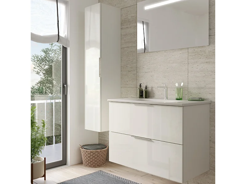 Meuble vasque 90 cm BURGBAD Olena blanc brillant + miroir + colonne de salle de bain