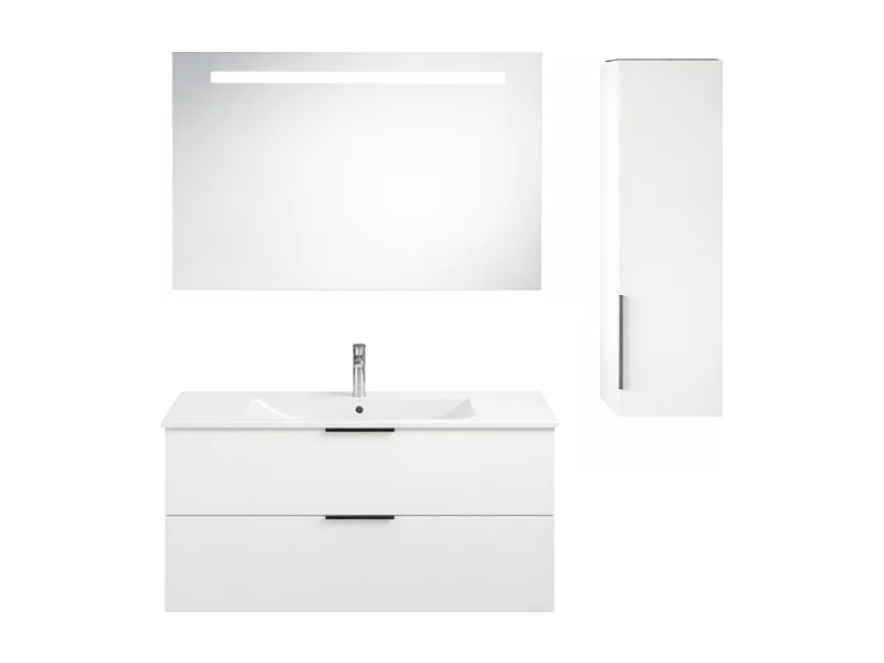 Meuble vasque 90 cm BURGBAD Olena blanc brillant + miroir + colonne de salle de bain