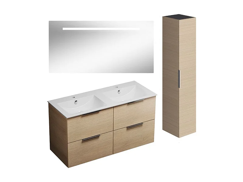 Meuble double vasque 120 cm BURGBAD Olena chêne clair + miroir + colonne
