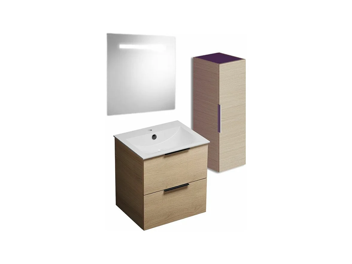 Meuble vasque 60 cm BURGBAD Olena chêne clair + miroir + colonne de salle de bain
