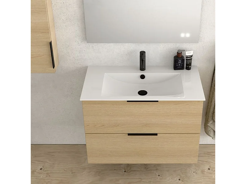 Meuble vasque 60 cm BURGBAD Olena chêne clair + miroir + colonne de salle de bain