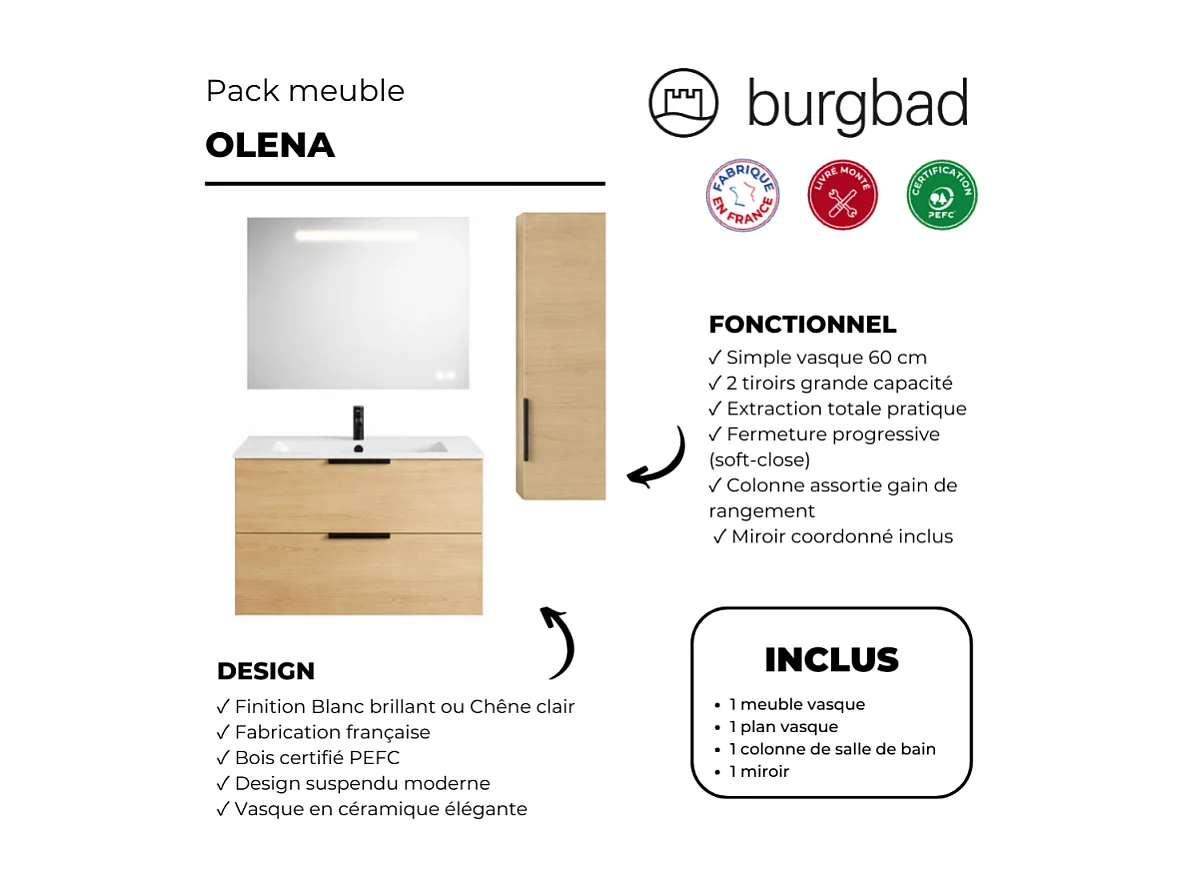 Meuble vasque 60 cm BURGBAD Olena chêne clair + miroir + colonne