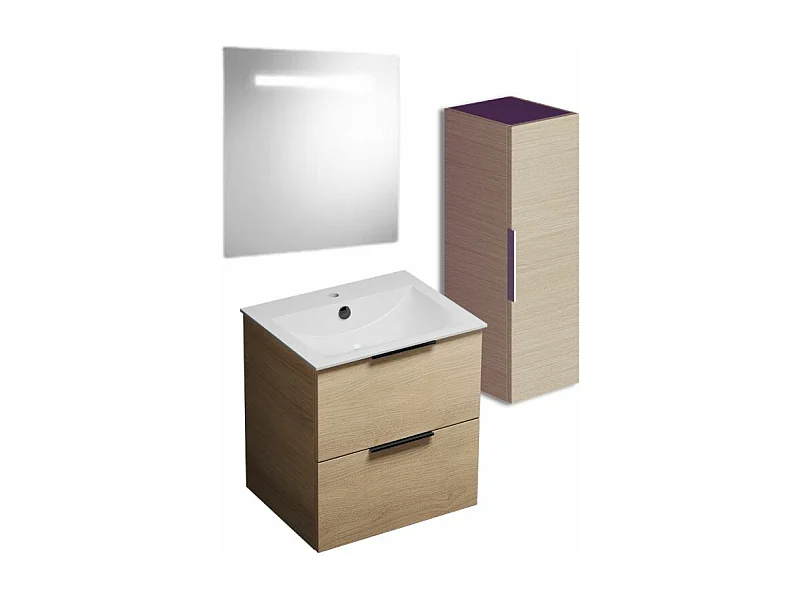 Meuble vasque 60 cm BURGBAD Olena chêne clair + miroir + colonne de salle de bain