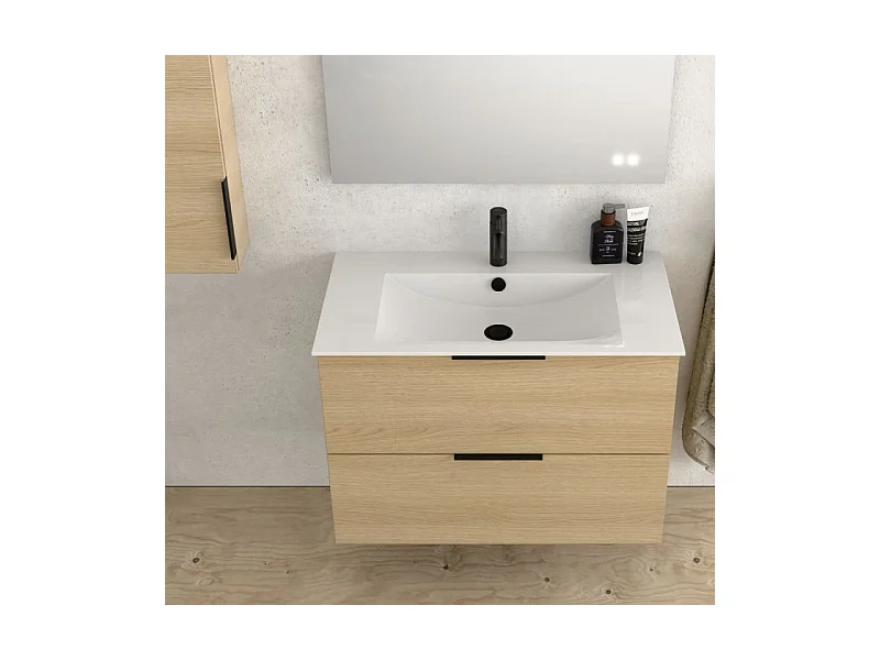 Meuble vasque 60 cm BURGBAD Olena chêne clair + colonne de salle de bain