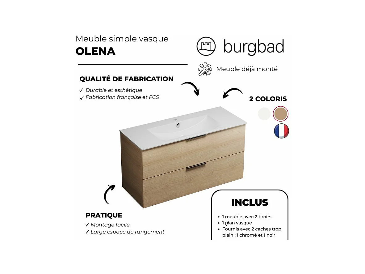 Meuble vasque 60 cm BURGBAD Olena chêne clair + colonne de salle de bain