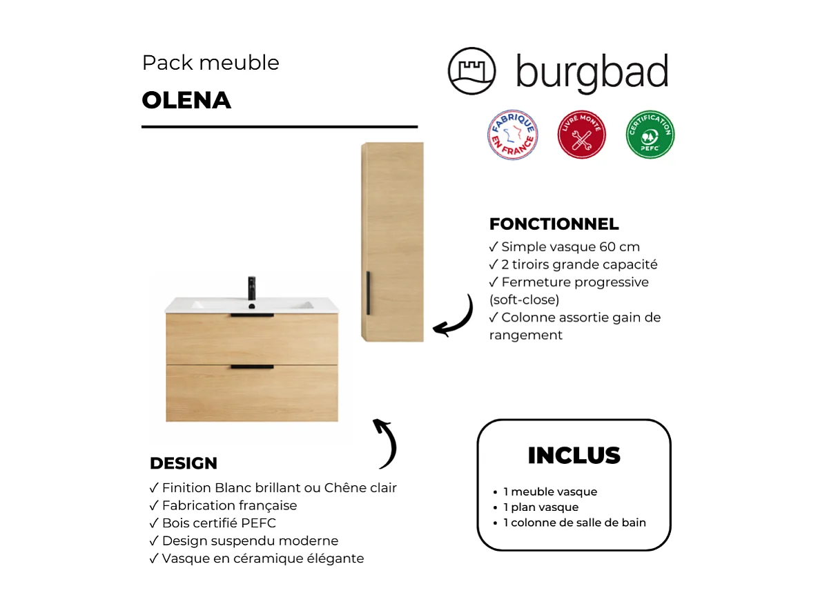 Meuble vasque 60 cm BURGBAD Olena chêne clair + colonne