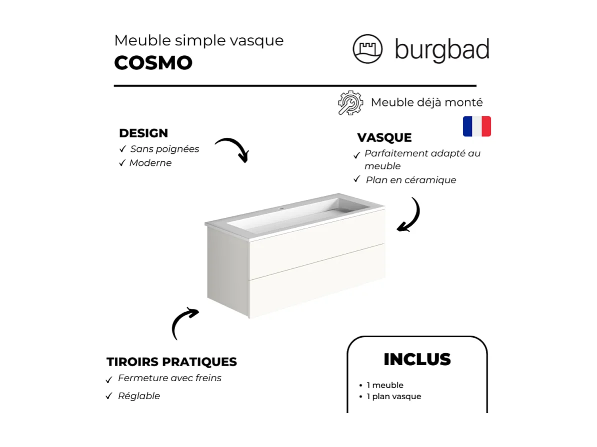 Pack meuble vasque 80 cm BURGBAD Cosmo blanc mat + colonne