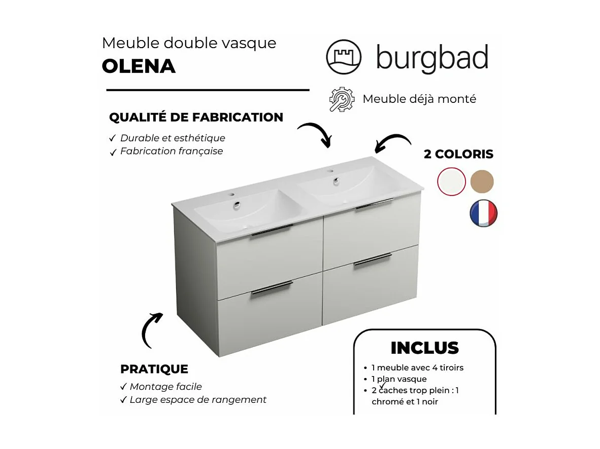 Meuble double vasque 120 cm BURGBAD Olena blanc brillant + miroir