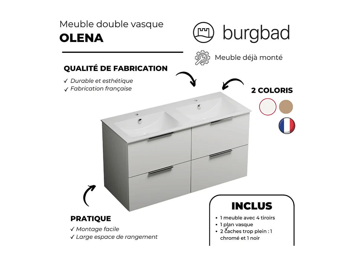 Meuble double vasque 120 cm BURGBAD Olena blanc brillant + miroir