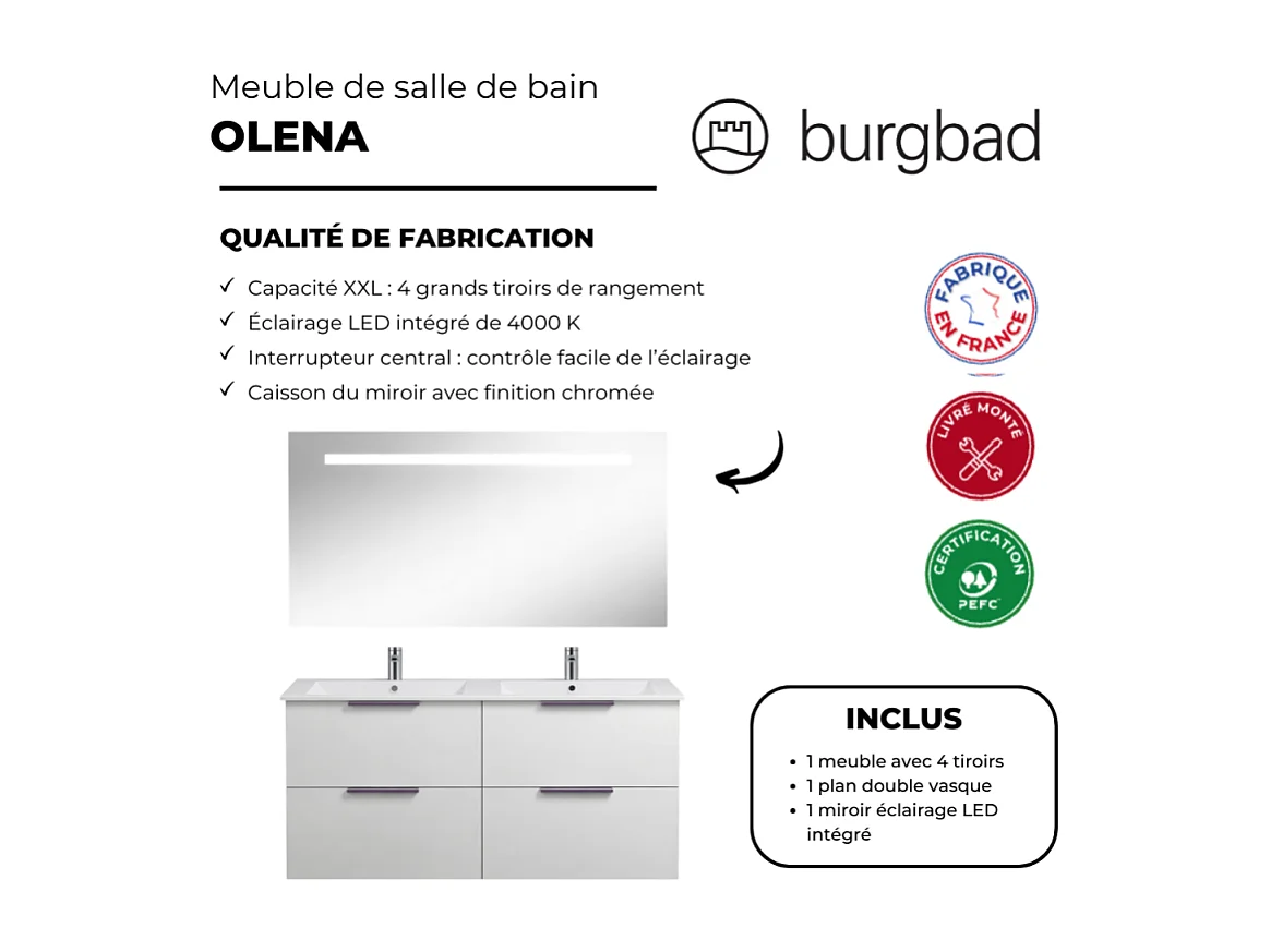 Meuble double vasque 120 cm BURGBAD Olena blanc brillant + miroir