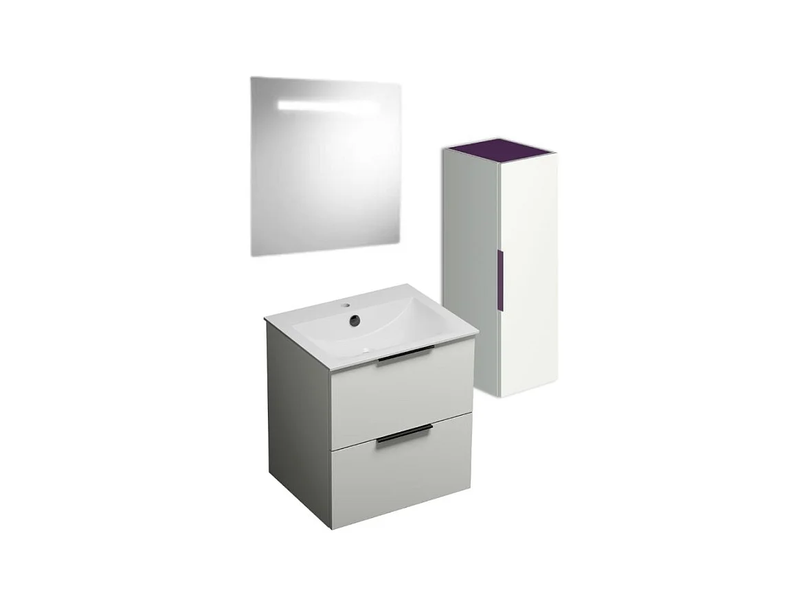 Meuble vasque 60 cm BURGBAD Olena blanc brillant + miroir + colonne de salle de bain