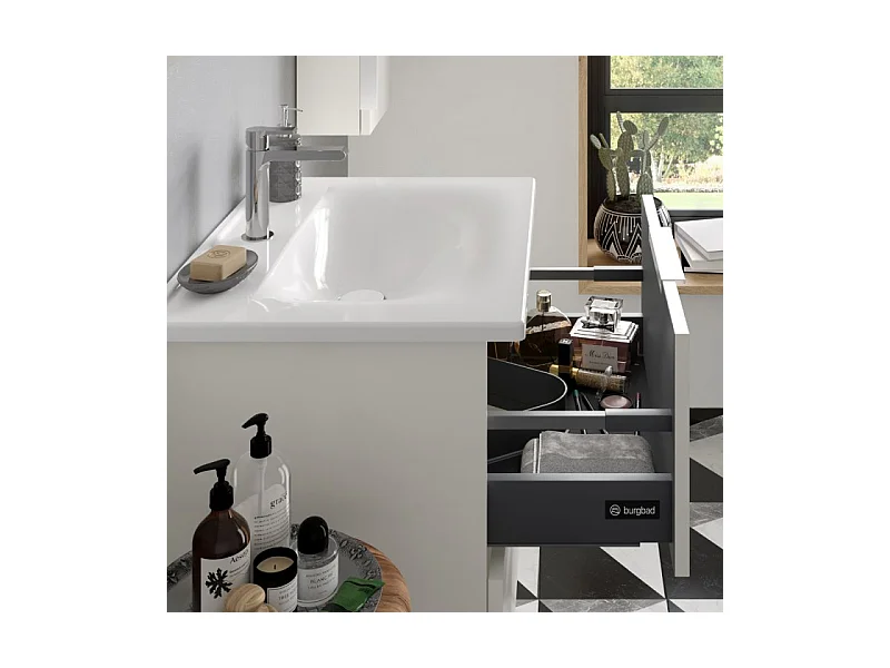 Meuble vasque 60 cm BURGBAD Olena blanc brillant + miroir + colonne de salle de bain