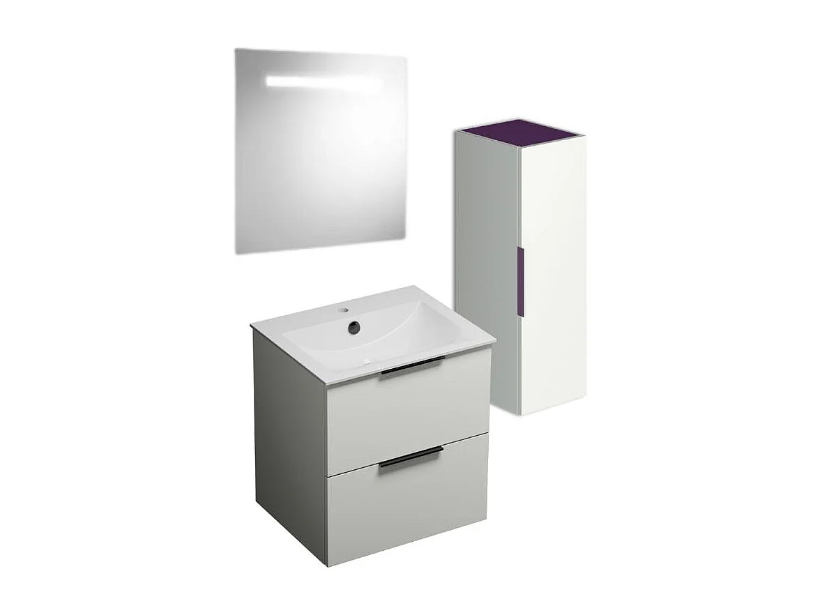 Meuble vasque 60 cm BURGBAD Olena blanc brillant + miroir + colonne de salle de bain