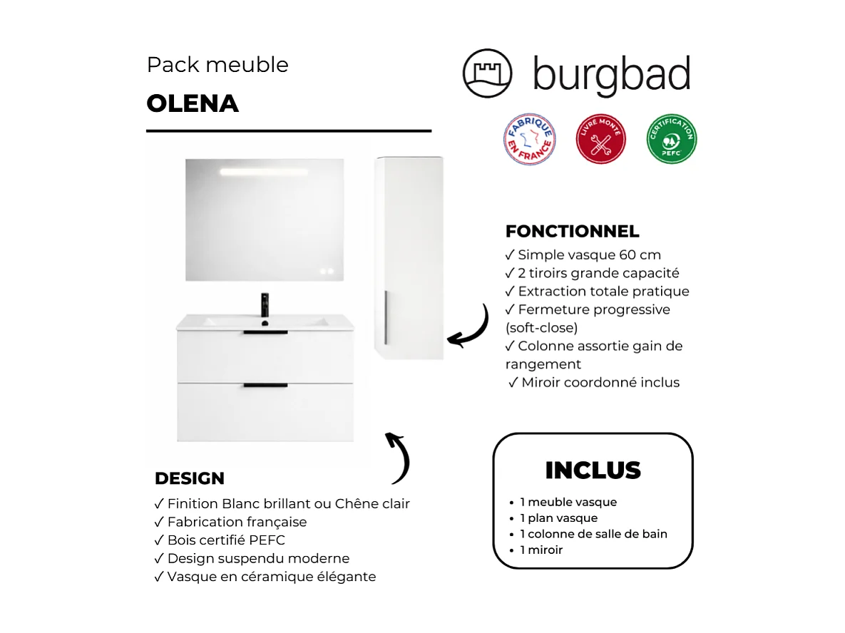 Meuble vasque 60 cm BURGBAD Olena blanc brillant + miroir + colonne