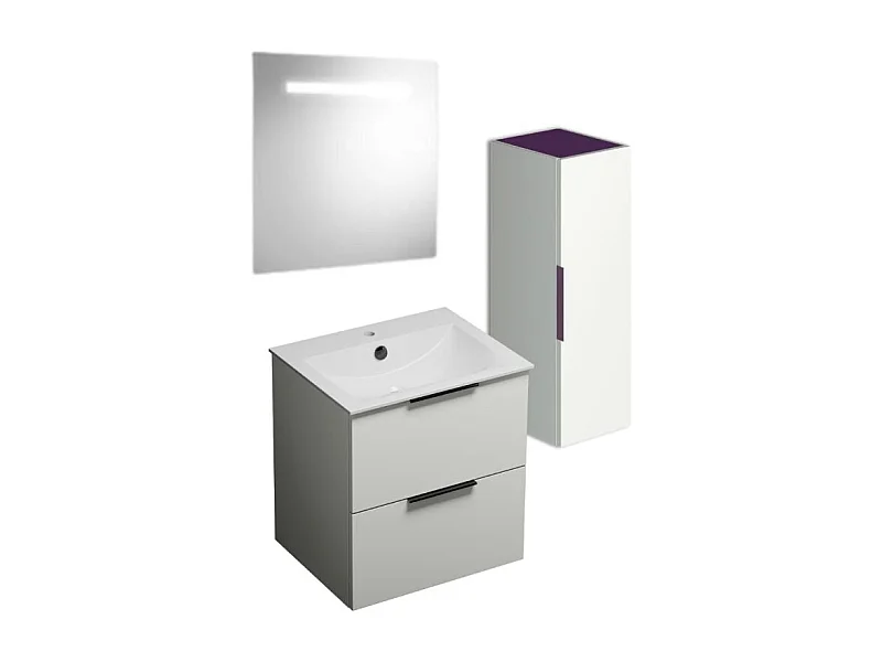 Meuble vasque 60 cm BURGBAD Olena blanc brillant + miroir + colonne de salle de bain