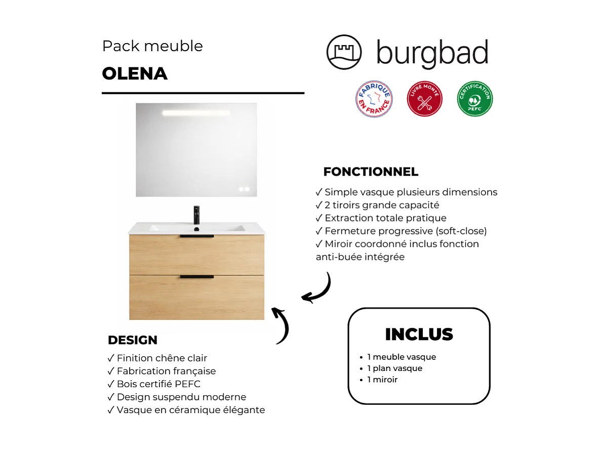 Meuble vasque 90 cm BURGBAD Olena chêne clair + miroir