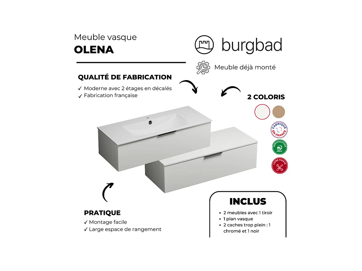 Meuble vasque 120 cm BURGBAD Olena en décalé blanc