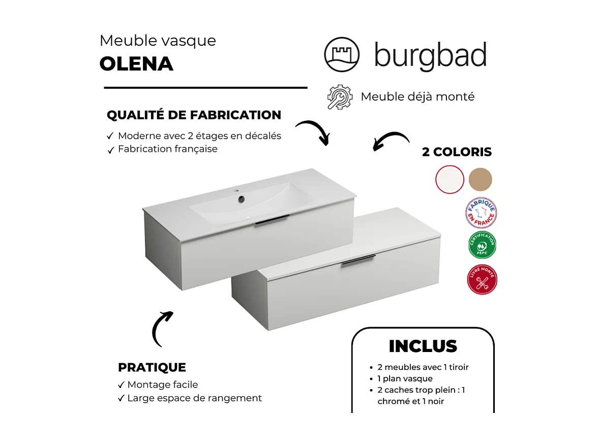 Meuble vasque 120 cm BURGBAD Olena en décalé blanc