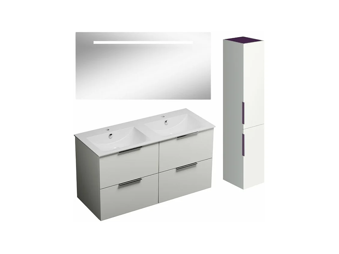 Meuble double vasque 120 cm BURGBAD Olena blanc brillant + miroir + colonne