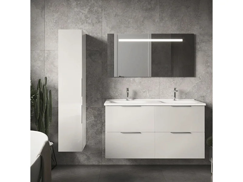 Meuble double vasque 120 cm BURGBAD Olena blanc brillant + miroir + colonne