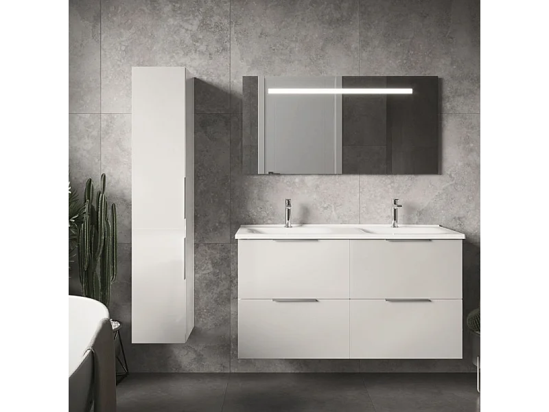 Meuble double vasque 120 cm BURGBAD Olena blanc brillant + miroir + colonne