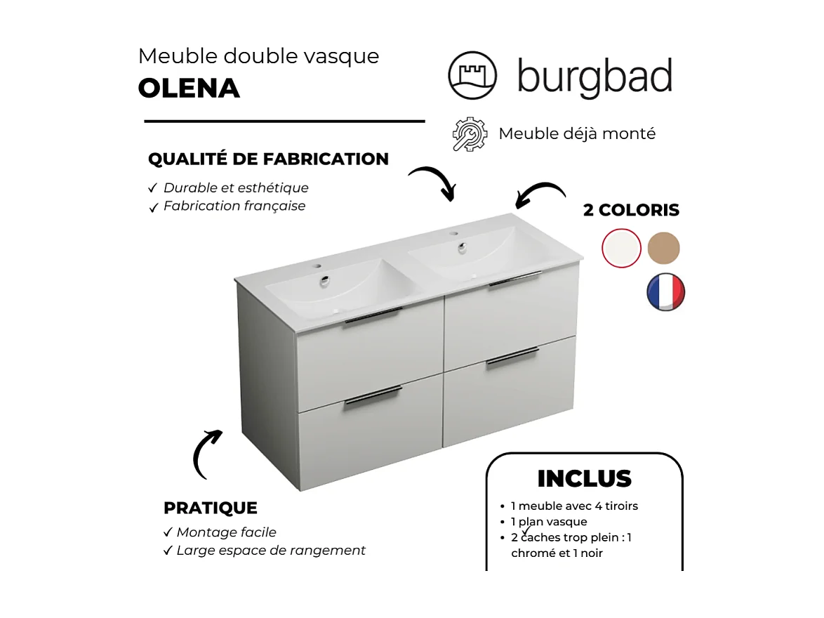 Meuble double vasque 120 cm BURGBAD Olena blanc brillant + miroir + colonne