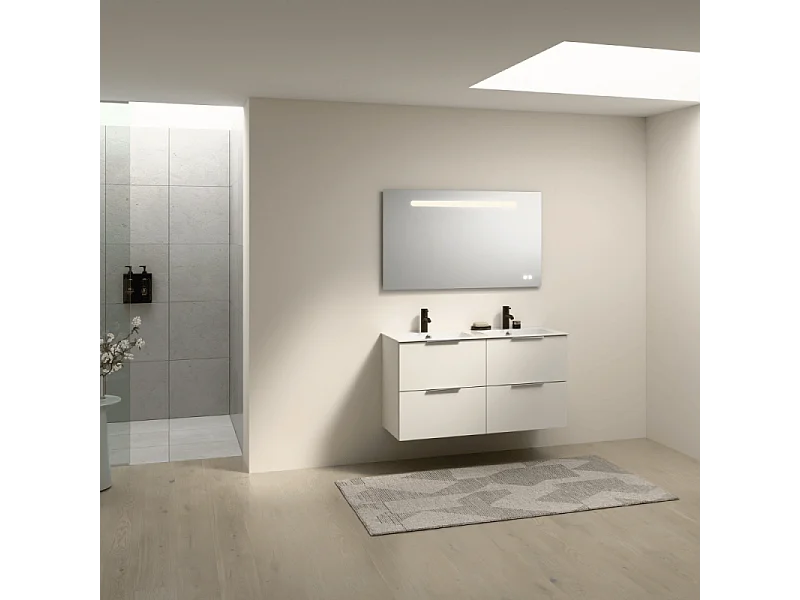 Meuble double vasque 120 cm BURGBAD Olena blanc brillant + miroir + colonne
