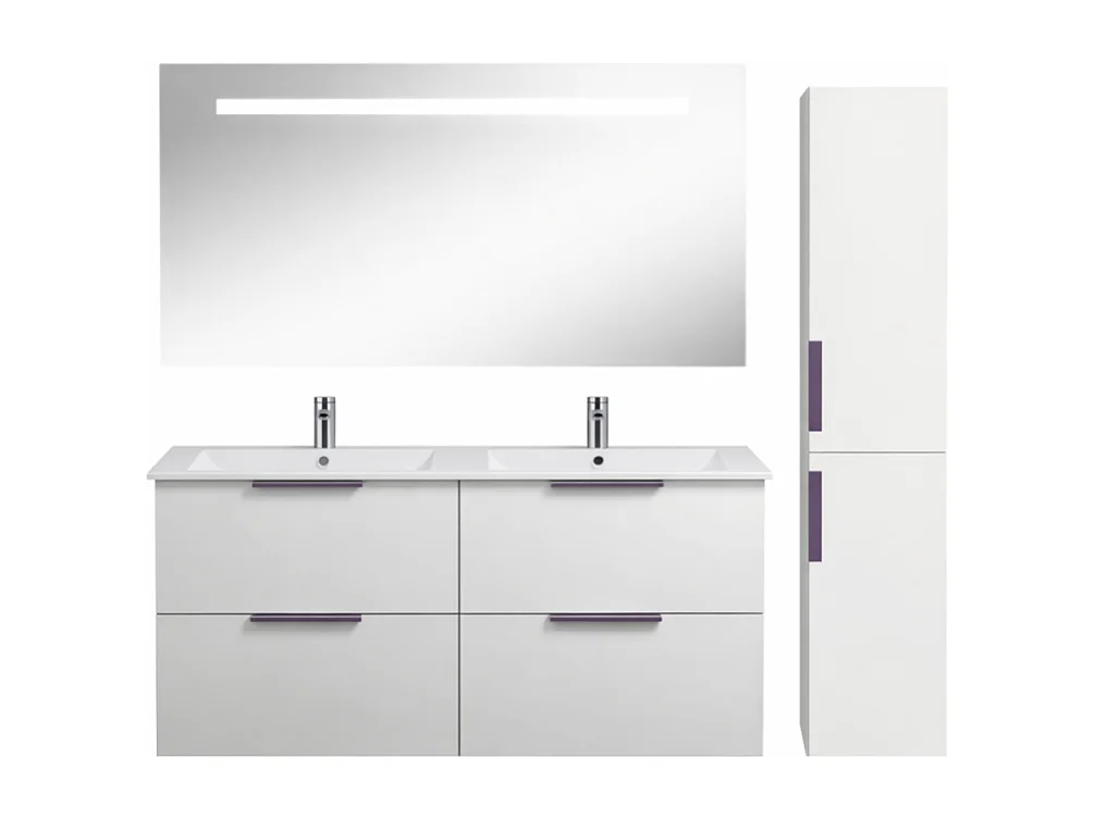 Meuble double vasque 120 cm BURGBAD Olena blanc brillant + miroir + colonne