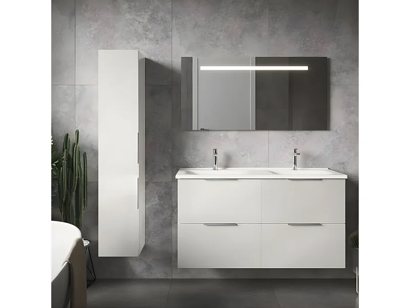 Meuble double vasque 120 cm BURGBAD Olena blanc brillant + miroir + colonne