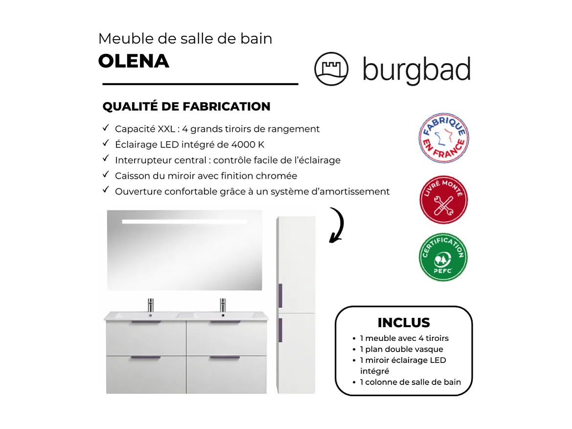 Meuble double vasque 120 cm BURGBAD Olena blanc brillant + miroir + colonne