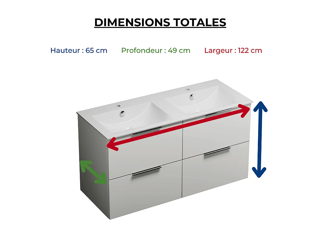 Meuble double vasque 120 cm BURGBAD Olena blanc brillant + miroir + colonne